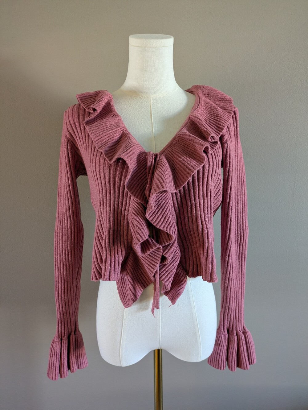Debut Mauve Pink Ribbed Knit Ruffle Open Front V-Neck Bell Sleeve Cardigan M